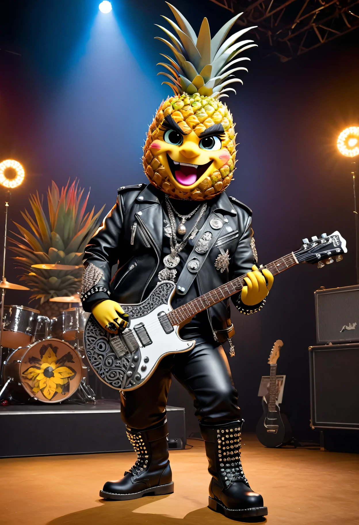 photorealistic portrait of anthropomorphism of pineapple,((fat)) punk rocker, (full body image:1.5),,(holding a guitar:1.5),Wearing a tailored black leather jacket featuring intricate silver stud patterns reminiscent of sacred symbols, leather boots, adorned in a modern punk-rock ensemble,, detailed and opulent description of modern punk-rock style, stage lighting, intricate ornate accessories, stage background,score_9, score_8_up, score_7_up, score_6_up, score_5_up, score_4_up,
