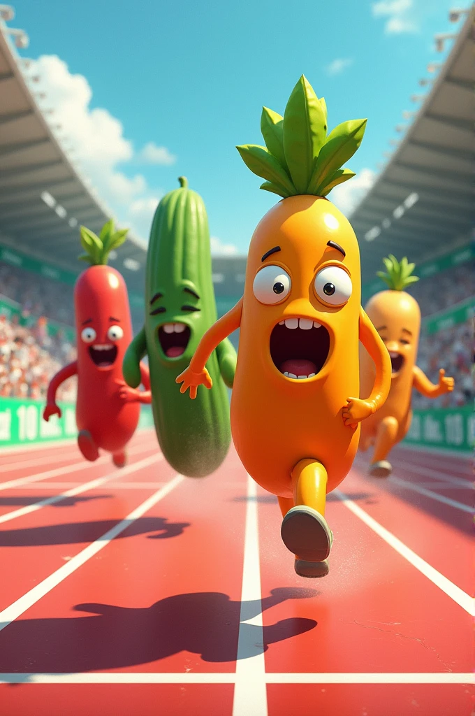 Personified vegetables、Running in the sports meet、Please draw the moment you cross the finish line。