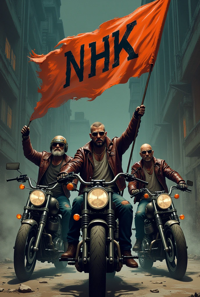 Plusieurs voyous motards tenant un drapeau sur lequel il est écrit N H K