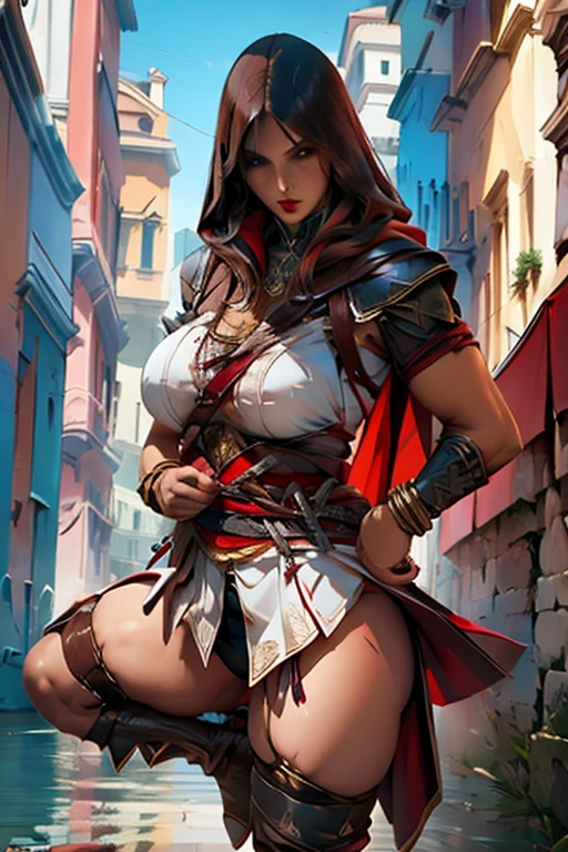 The woman, poca CLOTHES, CLOTHES, knee high boots, Bracelets on the legs, socks, socks, Venice in the background, Venice, evening, evening, Renaissance,Renaissance, Very detailed, Long-term realistic photography.., 4k, broad, Brown hair, for the chestnut, Red lips,((hood, hood)), bracelet, sexy,Red lips, Brown eyes, big breasts, big breasts, lucia auditore
