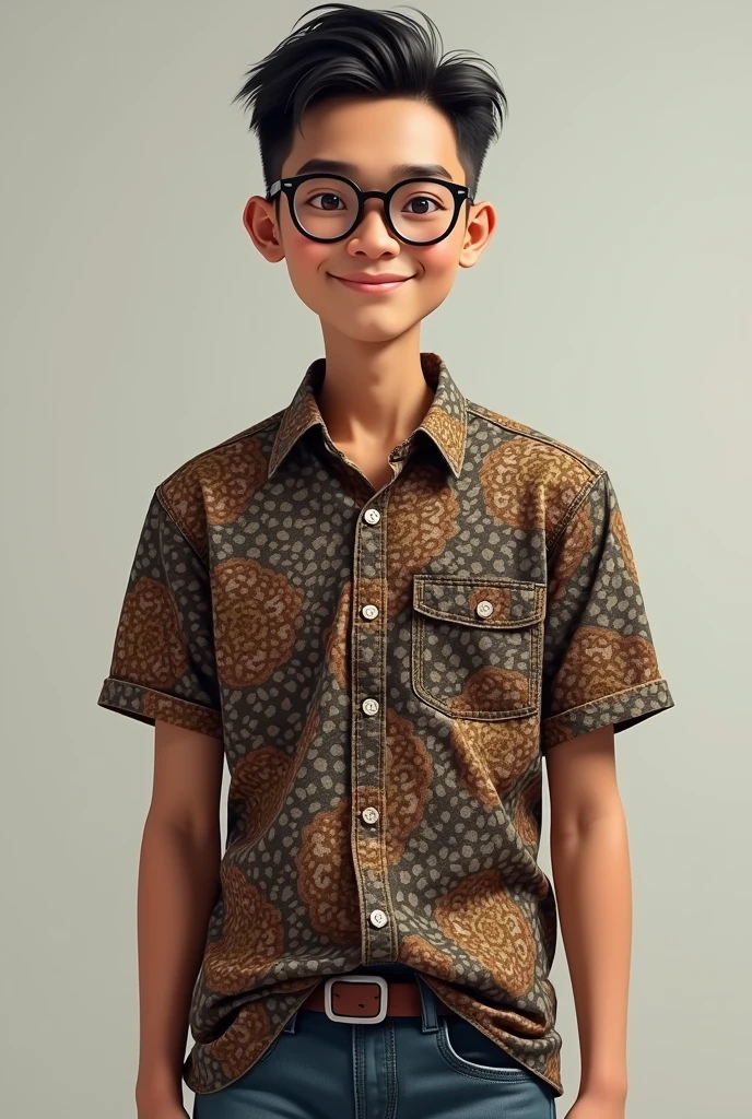 Photorealism An 18 year old Indonesian man with a thin smiling face looking forward ,thin and short body wearing brown Indonesian batik with haircut (short slicked back) ,jeans, wearing retro round glasses,hands down