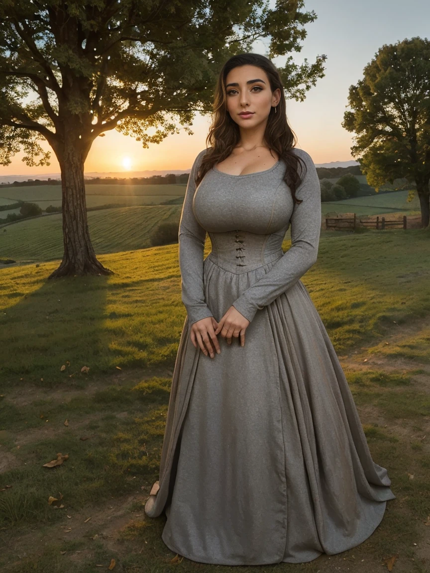 Gorgeous and sultry busty athletic (thin) Latina peasant with sharp facial features wearing a modest updo, medieval hair cover, rough-spun grey and brown medieval dress, long sleeves, wide neck, long dress, tight bodice, corset, Middle Ages, cottage, farm, exterior, trees, countryside, evening, sunset.