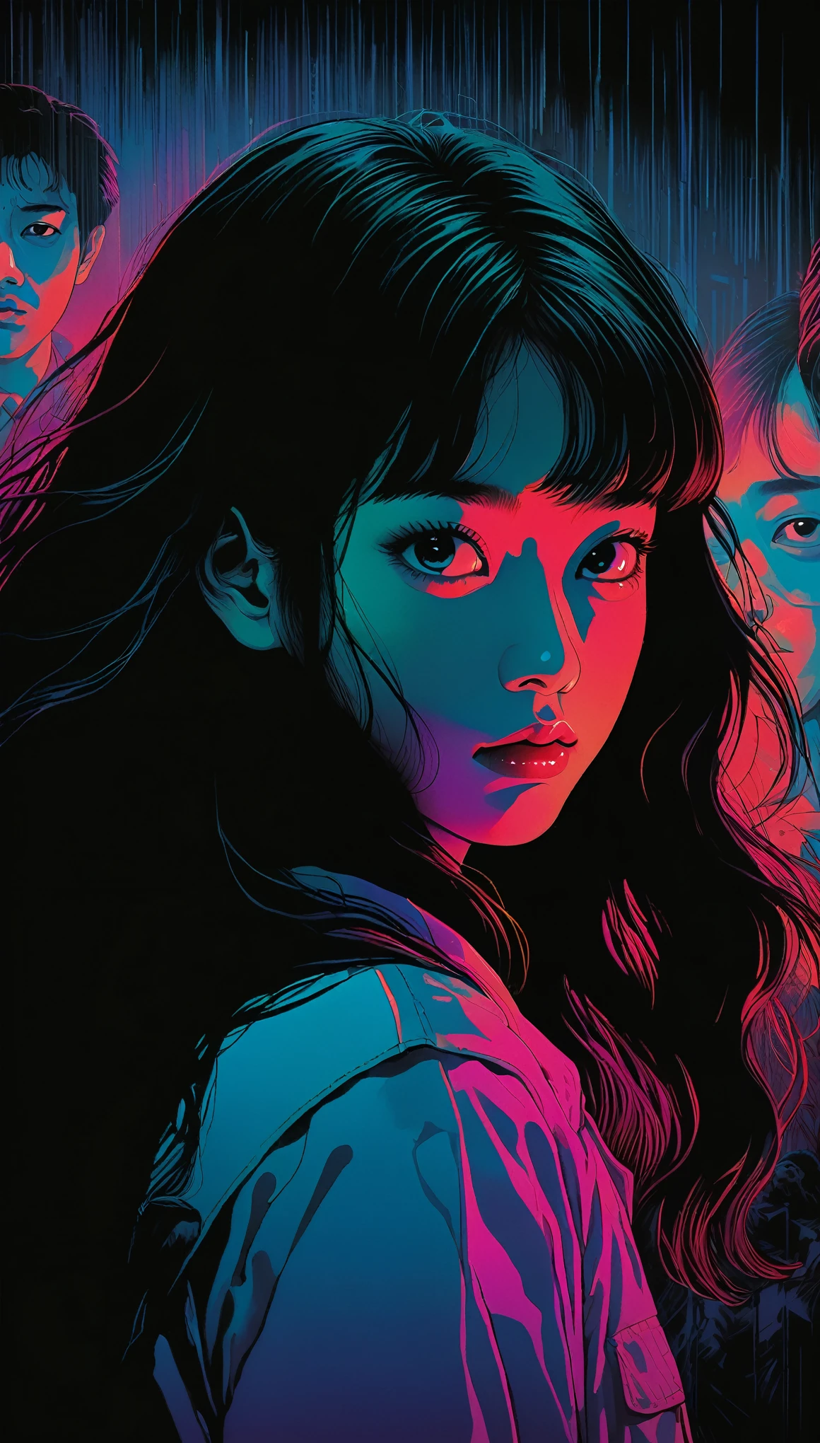 An illustration、art、80s Thai horror movie poster, Supervised by Junji Ito、(high  student:1.25)、night、Attention to detail, Realistic Shadows、Analog Style, chromatic aberration, Surrealism、Complementary Gradient