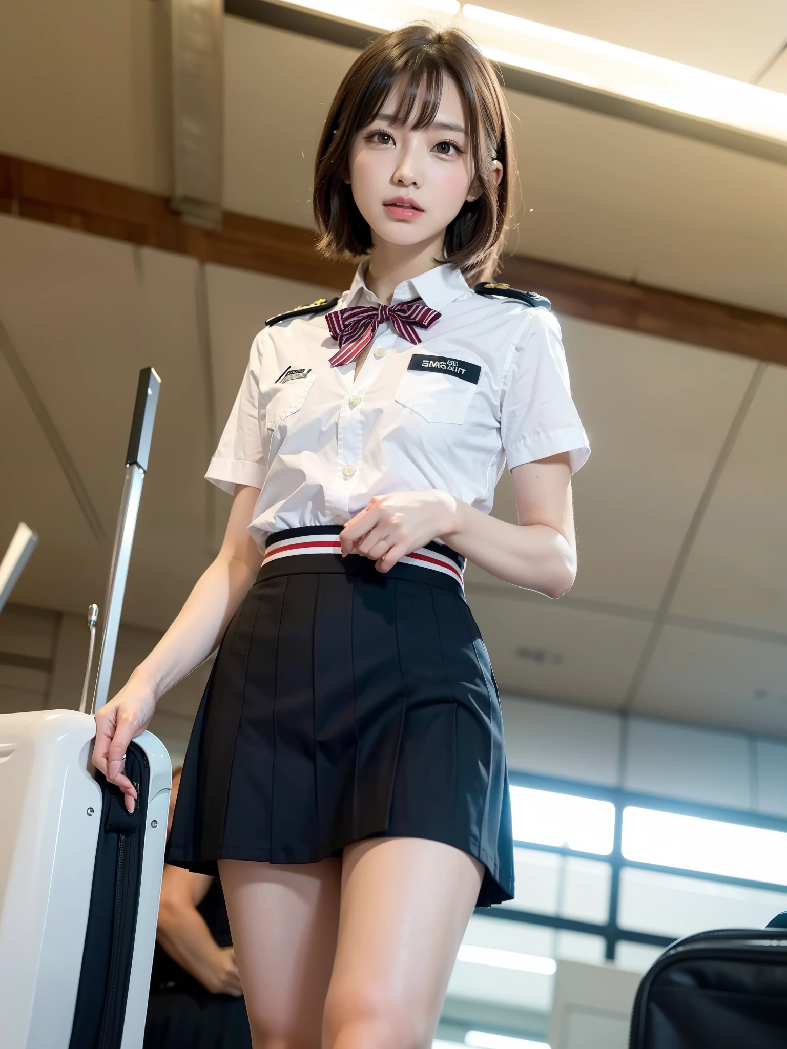 ((Best of the highest quality, 8k, Masterpiece, raw photo: 1.2)), (Sharp focus: 1.2), (1 AESPA, slim body type female, 21 y/o: 1.1), (solo: 1.28), (realistic, photo-realistic:1.37), cute face, finely eyes, (droopy eyes: 1.32), (Emphasize prominent aegyo-sal with bright: 1.2), shimmering eyeshadow applied under the lower lash line, paired with thick, (small breasts, flat chest, Thigh: 1.3), (short messy hair, bangs: 1.2), (airline uniform, ribbon, skirt: 1.32), walking airport terminal, (from below: 1.12),