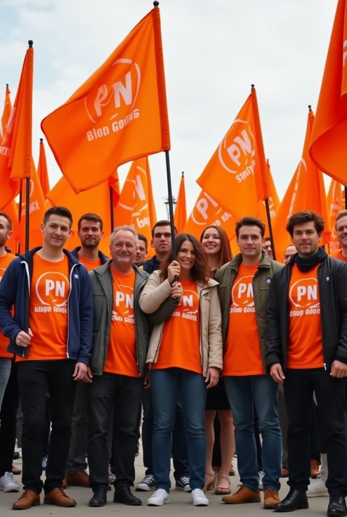 People with orange flags that have PN insignia posing for a photo