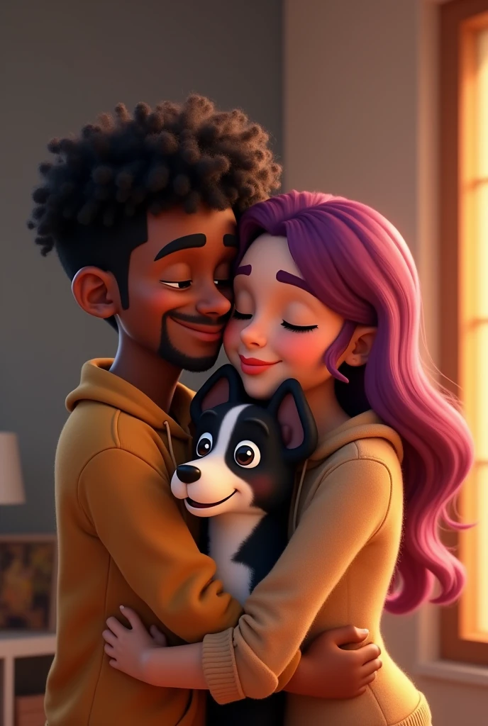 Disney Pixar-type animation of a young Colombian man with dark skin, cheek, a chubby one, Short curly black hair with a fade cut, thin nose, thin eyebrows and short beard. Hugging a chubby young woman with long violet red hair very lovingly, white skin and a border collie dog with all black hair