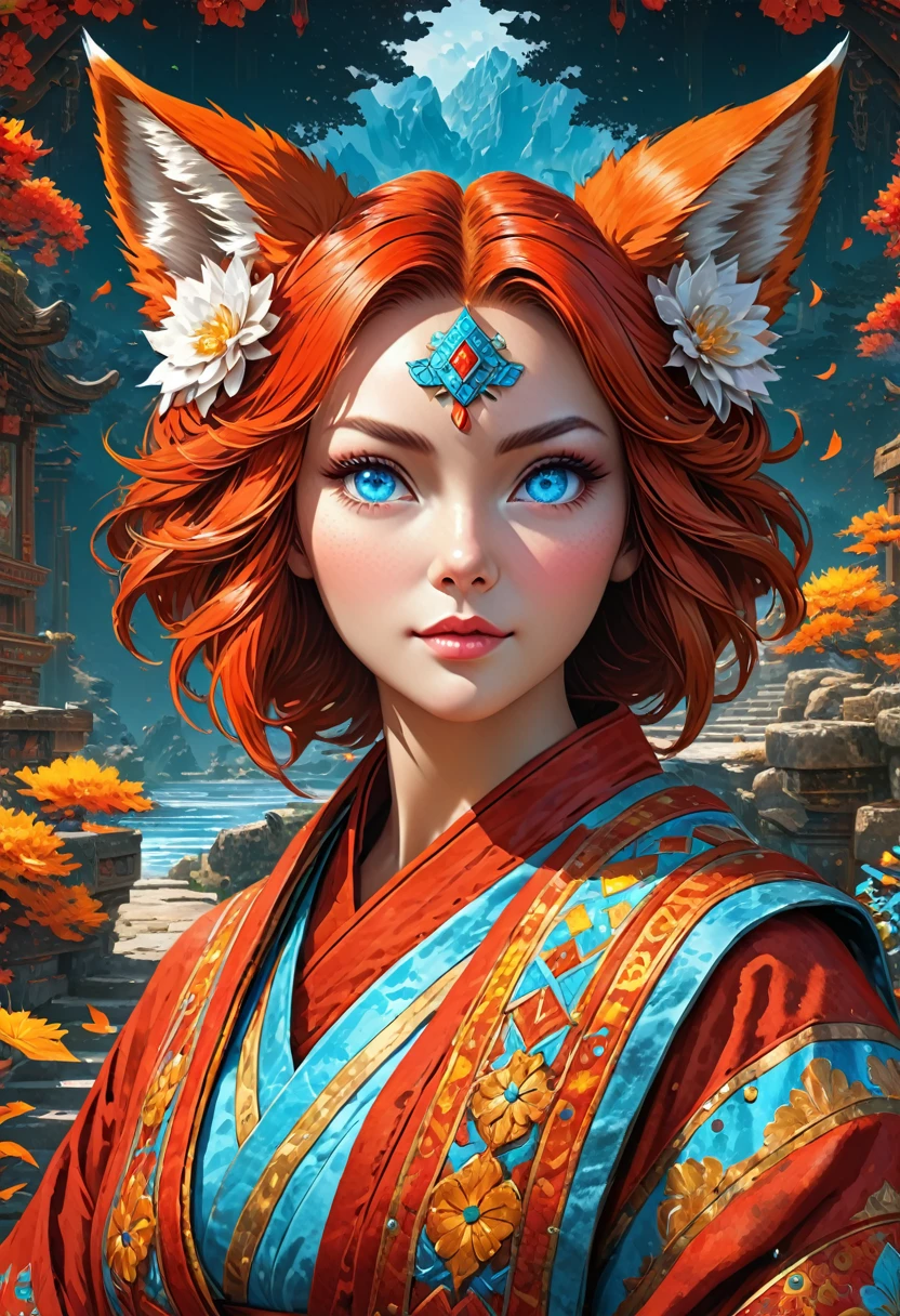 Anthropomorphic kitsune-satyr monk. red fur. Old, wrinkled ancient, decrepit. Crystal blue eyes. wise face. wizened. long detailed fingers. Official Art – An Award-Winning Digital Masterpiece In 4K Ultra HD, Extreme Detail And Intricate Realism. Symmetrical Face. This bright and colorful Concept Art Brought To Life By The Hands Of Artists Like Wlop & Artgerm In A Stunning 2D Vector Illustration. Background Is A Panoramic Vista.