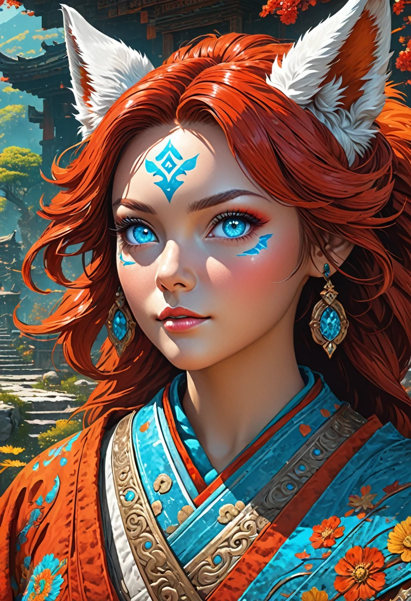 Anthropomorphic kitsune-satyr monk. red fur. Old, wrinkled ancient, decrepit. Crystal blue eyes. wise face. wizened. long detailed fingers. Official Art – An Award-Winning Digital Masterpiece In 4K Ultra HD, Extreme Detail And Intricate Realism. Symmetrical Face. This bright and colorful Concept Art Brought To Life By The Hands Of Artists Like Wlop & Artgerm In A Stunning 2D Vector Illustration. Background Is A Panoramic Vista.