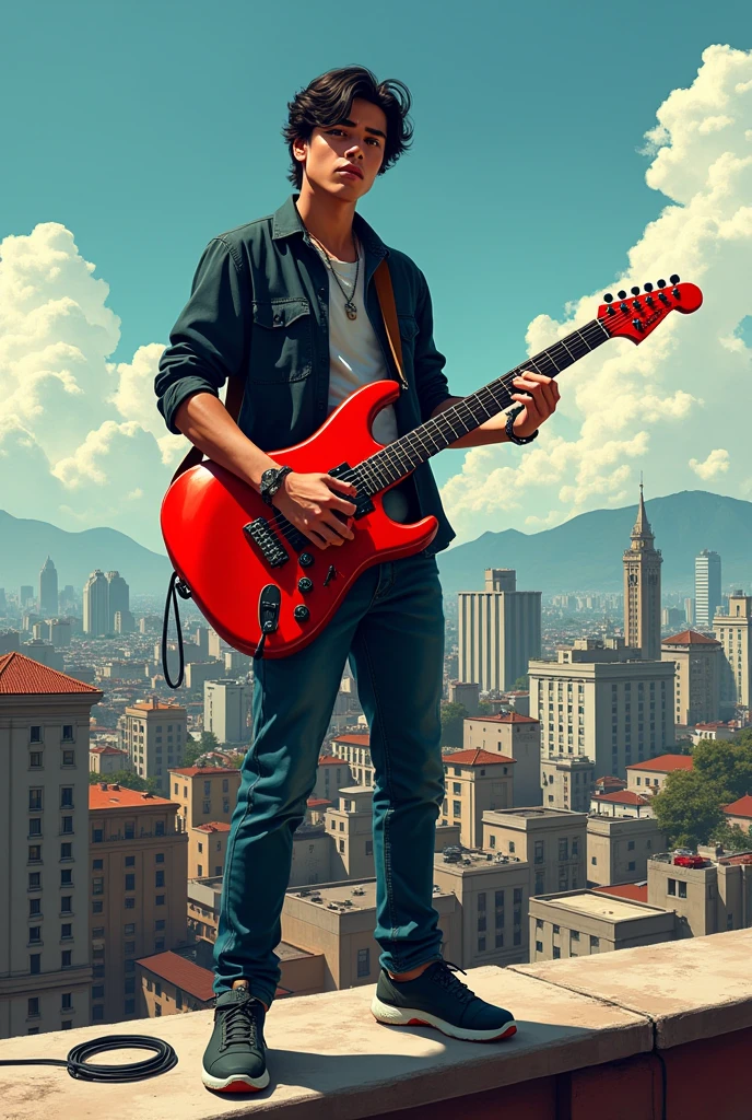 Create a cover for an album of corridos tumbados in the style of Natanael Cano with a first-person perspective of someone holding a red guitar and standing on top of a building looking out over Mexico City