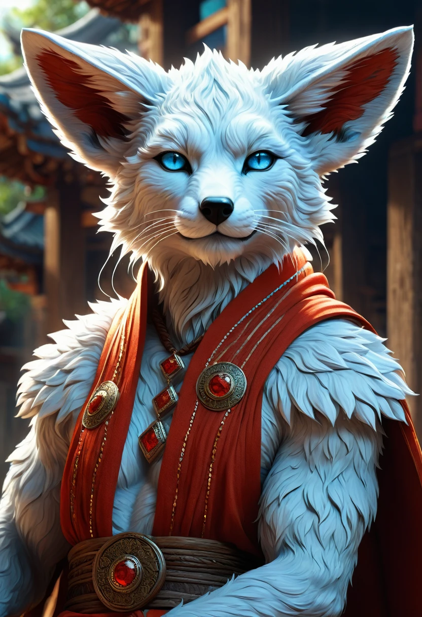 Anthropomorphic kitsune-satyr monk. red fur. Old, wrinkled ancient, decrepit. Crystal blue eyes. wise face. wizened. long detailed fingers. Official Art – An Award-Winning Digital Masterpiece In 4K Ultra HD, Extreme Detail And Intricate Realism. Symmetrical Face. This bright and colorful Concept Art Brought To Life By The Hands Of Artists Like Wlop & Artgerm In A Stunning 2D Vector Illustration. Background Is A Panoramic Vista.