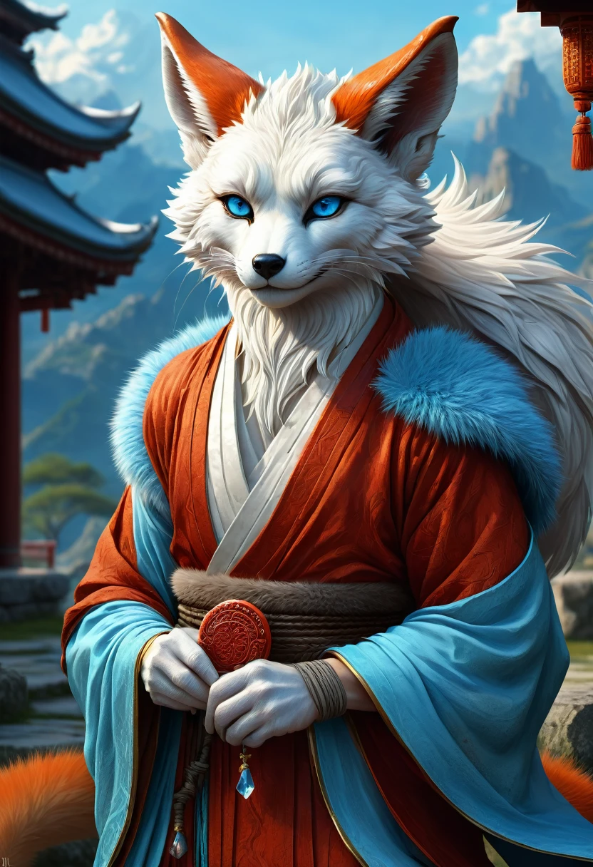 Anthropomorphic kitsune-satyr monk. red fur. Old, wrinkled ancient, decrepit. Crystal blue eyes. wise face. wizened. long detailed fingers. Official Art – An Award-Winning Digital Masterpiece In 4K Ultra HD, Extreme Detail And Intricate Realism. Symmetrical Face. This bright and colorful Concept Art Brought To Life By The Hands Of Artists Like Wlop & Artgerm In A Stunning 2D Vector Illustration. Background Is A Panoramic Vista.