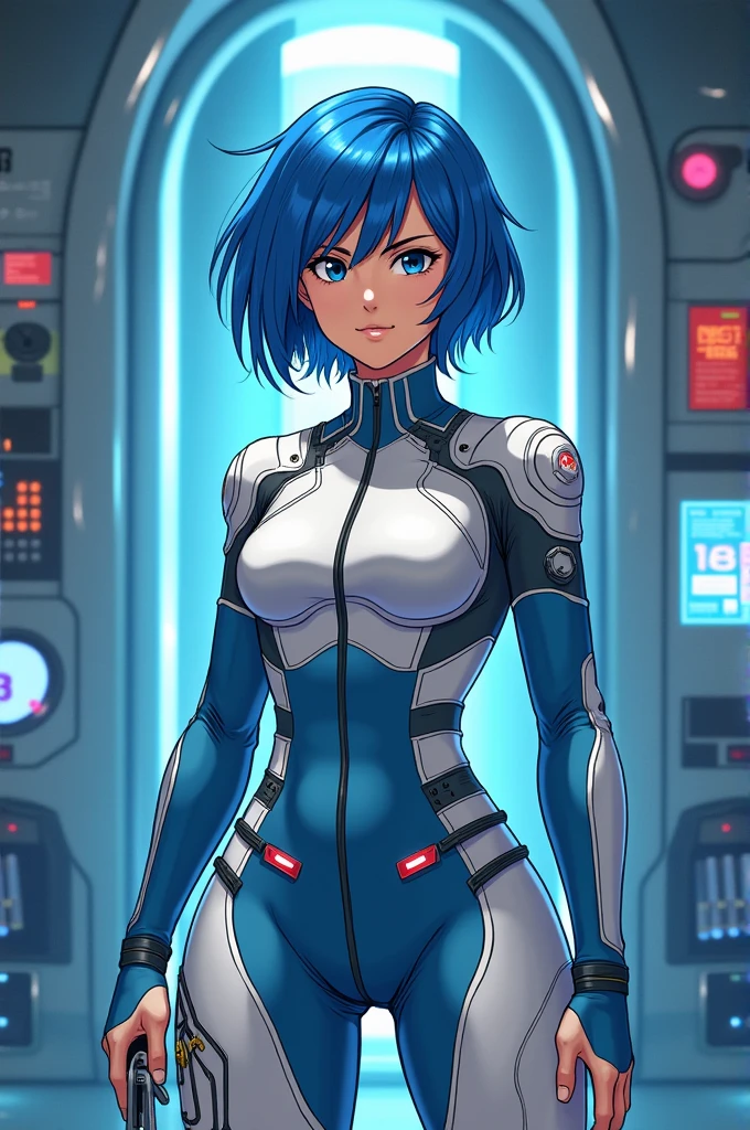 masterpiece, best quality, <lora:theweapon-nvwls-v1-000009:0.9> thewpn, blue skin, blue bodysuit, large breasts, looking at viewer, furrowed brow,  <lora:Glitching:1> Glitching, glitch, abstract background