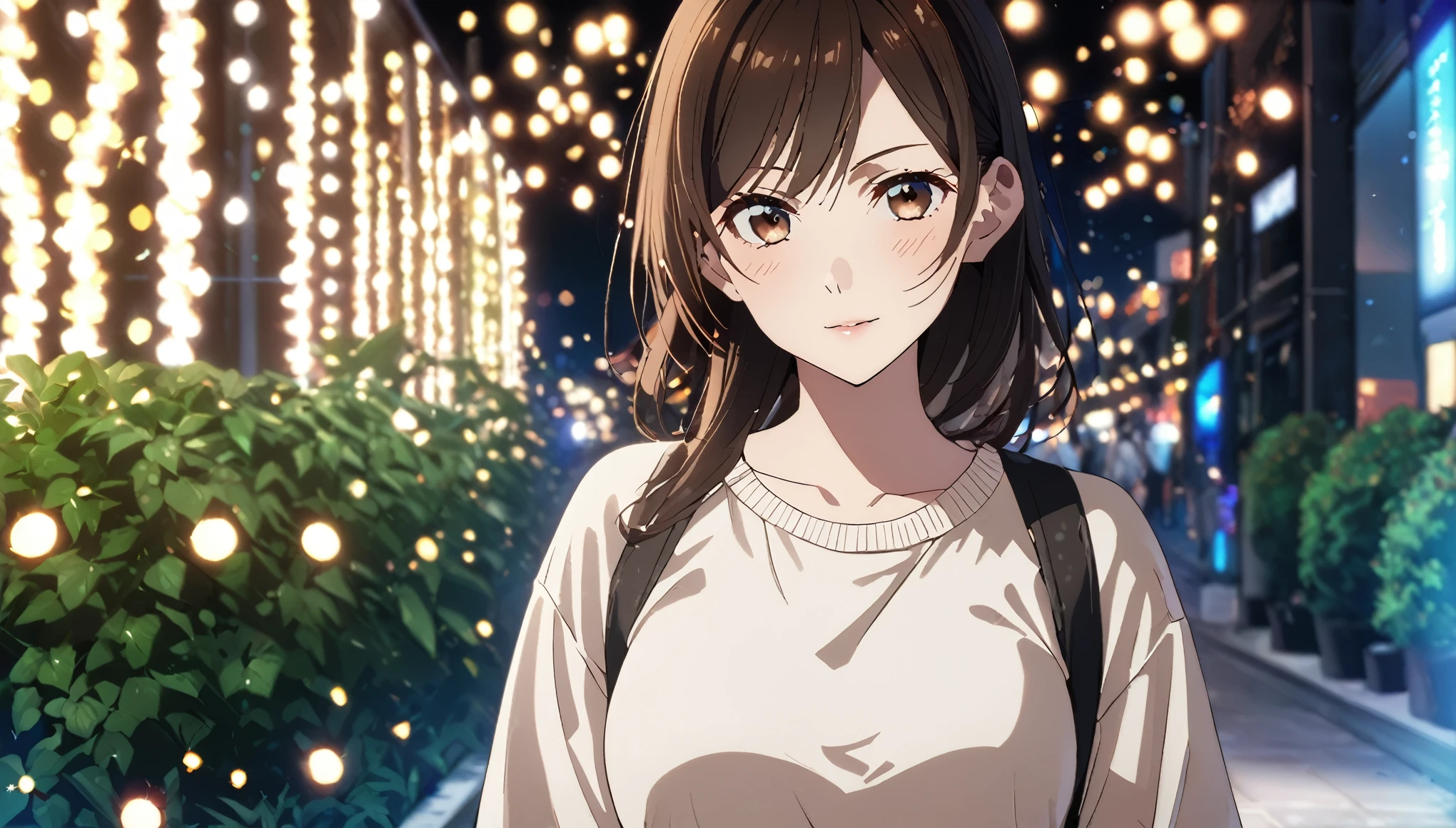 glittering lights, work of art, ultra detaild, Definition of 8k, beautiful  face, 1 girl, Chizuru Ichinose , casual clothes, women&#39;s shoulder bag, slightly slouched posture, closed mouth smile slim body, Fine body, ideal body, Tokyo city, people passing on the street, アニメ, chestnut hair, eyes browns, アニメ, long hair
