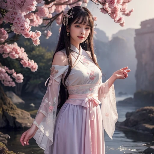 best quality, Delicate face,beautiful visual work, lifelike, eternity, black hair, Long curly hair, blunt bangs, Smile, Detailed Background, Delicate face,blush,cold,((masterpiece))、(top quality)、8k、high detail、Super detailed,21 years old female,Wearing Tang Dynasty Hanfu、waist skirt, Clothes are light and fluffy,Hanfu, wide sleeves, Transparent sleeves, Tunic, Clothes made of chiffon, Seductive and whimsical style、masterpiece、born、Scenes resembling fairy tale illustrations、Intricate details and complex designs、Beautifully、magic、capricious、 Beautifully、Dream aesthetics、「𝓡𝓸𝓶𝓪𝓷𝓽𝓲𝓬、ethereal、charming、fickle、magic」、Realism、Visual effects、FXAA、SSAO、Shaders、voiceless、ambient lighting、Tone mapping、High resolution、Ultra high quality、Million pixels、(8K resolution:1.10)、8k、Below 8K、8K resolution、high detail、intricate details, (high quality:1.2、masterpiece:1.2、:1.21)、(21 years old female:1.21)、(Smile excitedly)、(Surrounded by a dream-like atmosphere、Model diagram,full-body shot,Normal 2 feet,Put your hands behind you,The protrusion of the breast is visible when wearing clothes, Large Breasts, H cup chest, antiquity, Xian Xia, gauze clothes, Soft and fluttering, Fairy, dream, fantasy, light, elegant, nature, Immortal, romantic, classical, ribbon, light purple clothes, By the stream