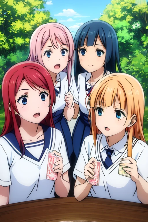 group of 4 girls, wearing sky blue school dresses, red bandana attached to white sailor collar. one has long orange hair and green eyes, another blonde, one brown, and one redhead