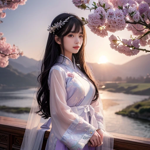 best quality, Delicate face，beautiful visual work, lifelike, eternity, black hair, Long curly hair, blunt bangs, Smile, Detailed Background, Delicate face，blush，cold，((masterpiece))、(top quality)、8k、high detail、Super detailed，21 years old female，Wearing Tang Dynasty Hanfu、waist skirt, Clothes are light and fluffy，Hanfu, wide sleeves, Transparent sleeves, Tunic, Clothes made of chiffon, Seductive and whimsical style、masterpiece、born、Scenes resembling fairy tale illustrations、Intricate details and complex designs、Beautifully、magic、capricious、 Beautifully、Dream aesthetics、「𝓡𝓸𝓶𝓪𝓷𝓽𝓲𝓬、ethereal、charming、fickle、magic」、Realism、Visual effects、FXAA、SSAO、Shaders、voiceless、ambient lighting、Tone mapping、High resolution、Ultra high quality、Million pixels、(8K resolution:1.10)、8k、Below 8K、8K resolution、high detail、intricate details， (high quality:1.2、masterpiece:1.2、:1.21)、(21 years old female:1.21)、(Smile excitedly)、(Surrounded by a dream-like atmosphere、Model diagram，full-body shot，Normal 2 feet，Put your hands behind you，The protrusion of the breast is visible when wearing clothes, Large Breasts, H cup chest, antiquity, Xian Xia, gauze clothes, Soft and fluttering, Fairy, dream, fantasy, light, elegant, nature, Immortal, romantic, classical, ribbon, light purple clothes, By the stream