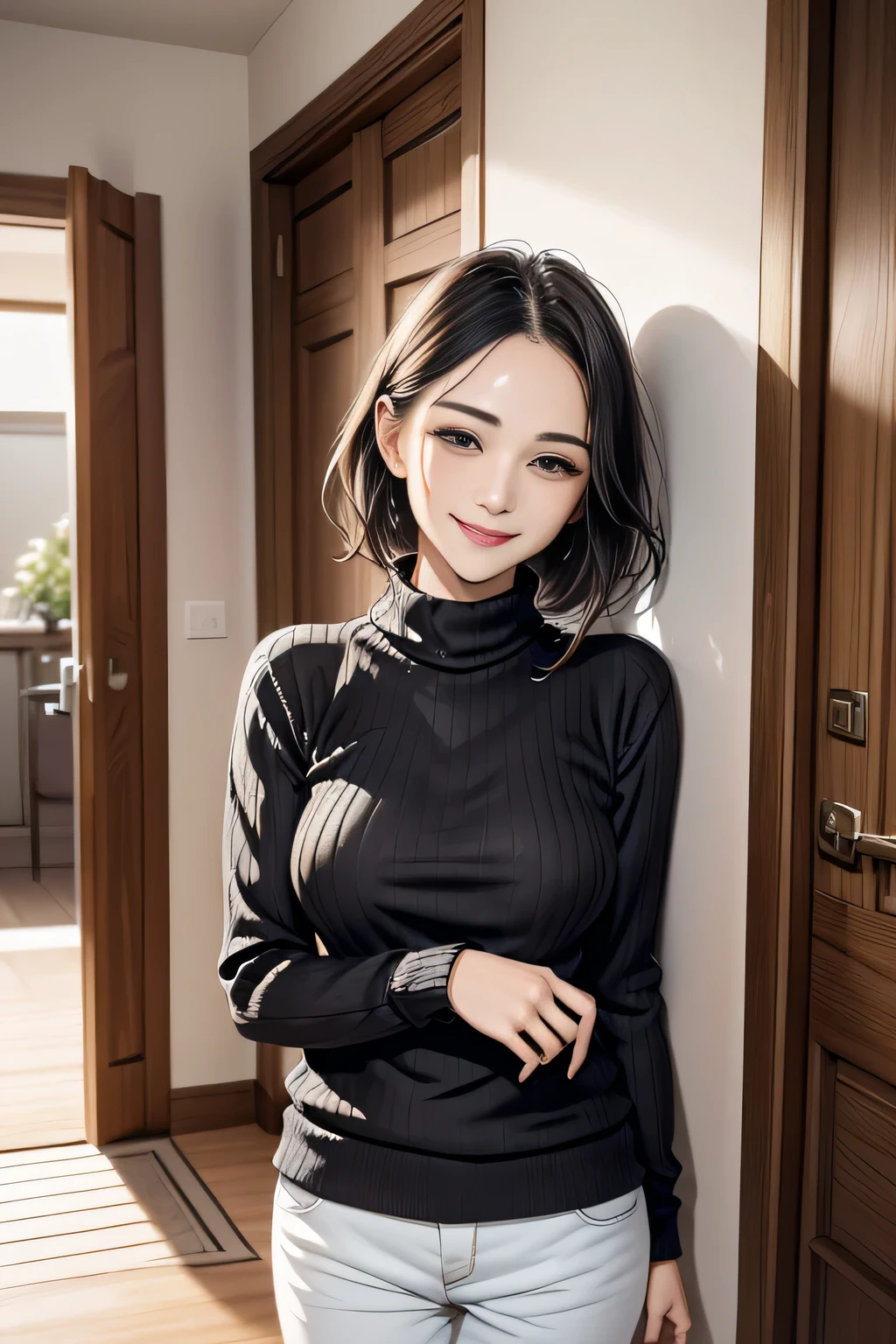 /(Modern house interior/), 1 Female, solo, Middle age, /(Random color ribbed sweater/), A kind smile, (Masterpiece Top quality:1.2) Delicate illustrations, Very detailed, ((Sweat, vapour)), In front of the entrance door, visit, (Full Shot)