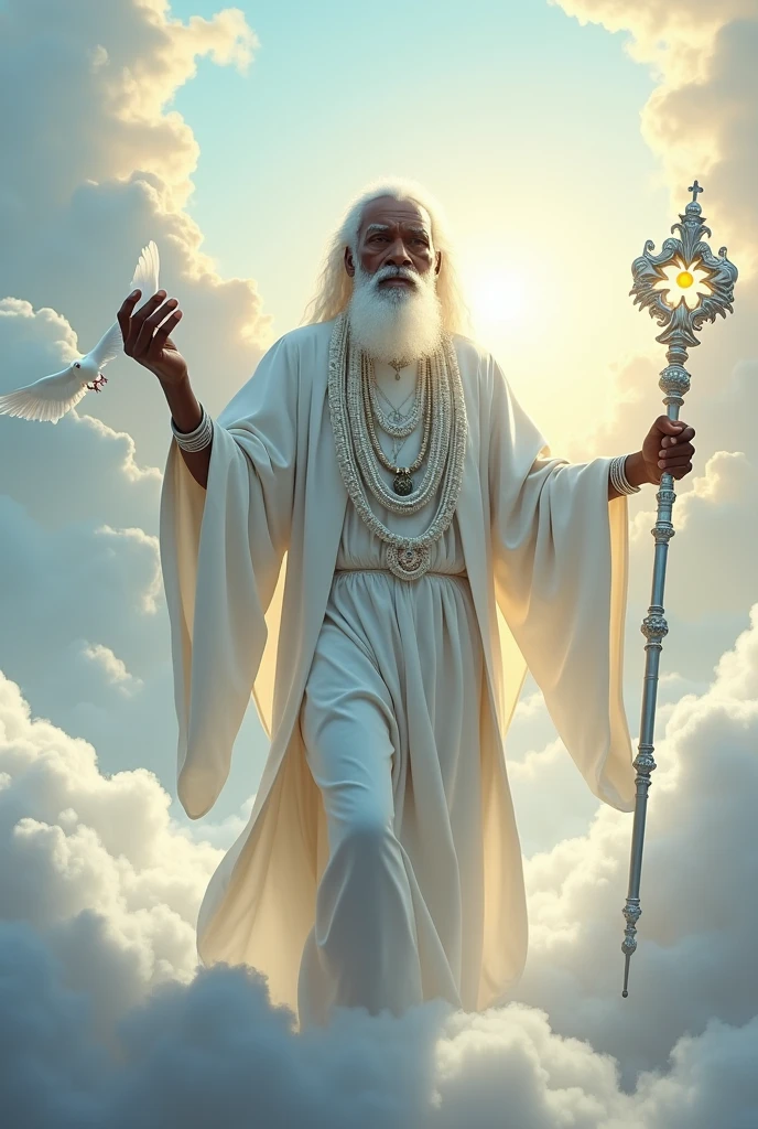 Orisha Black Man, elder, white bearded, Walking on clouds, White tunic, white necklaces, holding a white dove in his hand, silver staff with globe, sun shining