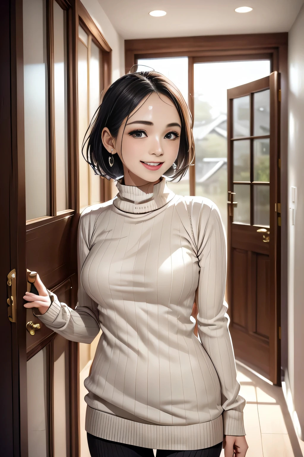 /(Modern house interior/), 1 Female, solo, Middle age, /(Random color ribbed sweater/), A kind smile, (Masterpiece Top quality:1.2) Delicate illustrations, Very detailed, ((Sweat, vapour)), In front of the entrance door, visit, (Full Shot)