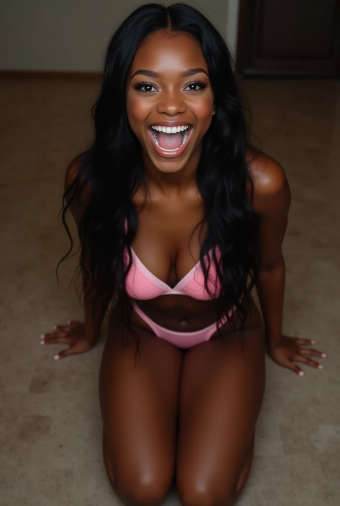 female black , mouth very wide open and smiling, eyes open, long hair, wearing pink lingerie, extreme skin detail, photorealistic, 8k, wallpaper, kneeling on floor, viewed from above