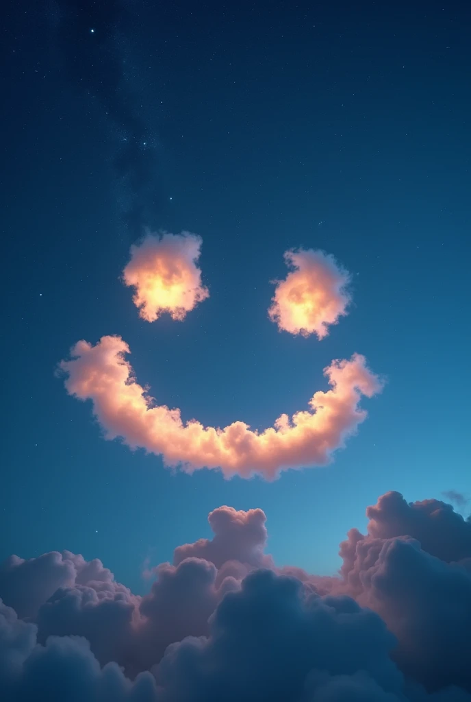 In the sky a smiling face made of clouds with the night behind it
