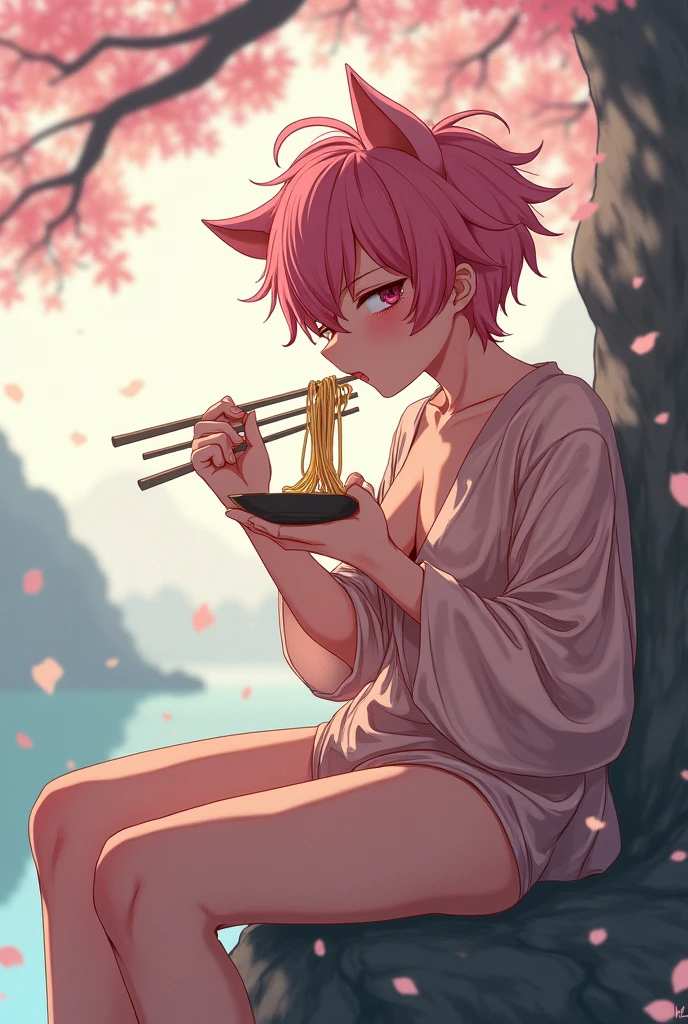 Beautiful boy with pink, succulent, sexy hair and very sensual curves, rather sloppy pig cosplay with torn suit, delicate and clearly blushing face and facial features, highly detailed, 8K, riding on a rock eating soba, a yaoi anime masterpiece