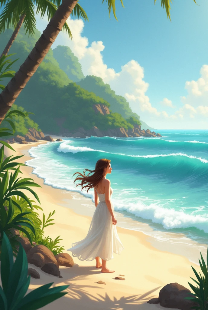 The beauty of a beach with a beautiful woman looking at the waves