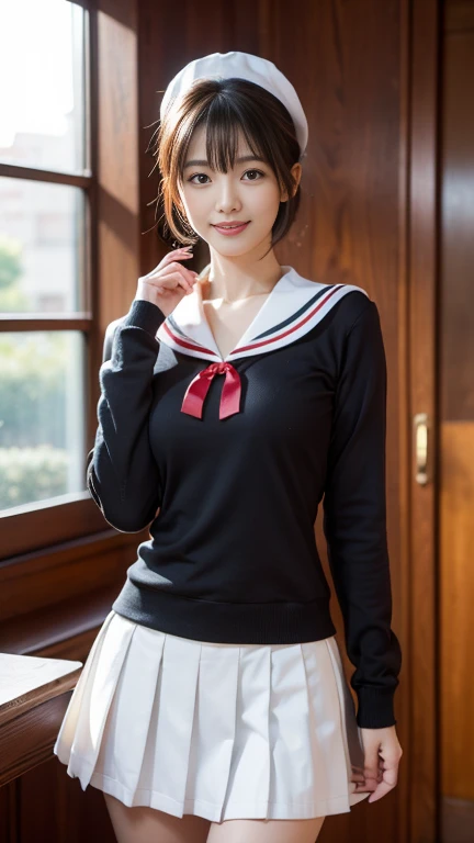 (A gorgeous Japanese idol, age 22 , in a cafe, wearing seifuku, school uniform, sailor moon, jk uniform, high-school uniform, red ribbon, sailor hat, knee high socks, 

Easygoing expressions, kind smile, dimpled chins, cute snaggle-tooth, short bob hair ponytail, symmetrical face, realistic detailed face, beautiful detailed eyes, perfect body proportions, hourglass figure, ample round bosoms, huge breasts,

Raw photo, photorealistic, realistic portrait, hyper-realism, high contrast, ultra HD, realistic skin textures, top image quality, top-quality, super high resolution, fine details, very meticulously, masterpiece, medium shot, close-up shot, cowboy shot, High Angle Shot, bokeh background, SFW, Safe For Work)