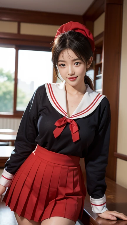 (A gorgeous Japanese idol, age 22 , in a cafe, wearing seifuku, school uniform, sailor moon, jk uniform, high-school uniform, red ribbon, sailor hat, knee high socks,
Easygoing expressions, kind smile, dimpled chins, cute snaggle-tooth, short bob hair ponytail, symmetrical face, realistic detailed face, beautiful detailed eyes, perfect body proportions, hourglass figure, ample round bosoms, huge breasts,
Raw photo, photorealistic, realistic portrait, hyper-realism, high contrast, ultra HD, realistic skin textures, top image quality, top-quality, super high resolution, fine details, very meticulously, masterpiece, medium shot, close-up shot, cowboy shot, High Angle Shot, bokeh background, SFW, Safe For Work)