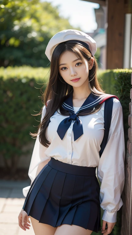 (A gorgeous Japanese idol, 2 , in a cafe, wearing seifuku, school uniform, sailor moon, jk uniform, high-school uniform, red ribbon, sailor hat, knee high socks,
Easygoing expressions, kind smile, dimpled chins, cute snaggle-tooth, short bob hair ponytail, symmetrical face, realistic detailed face, beautiful detailed eyes, perfect body proportions, hourglass figure, ample round bosomge breasts,
to, photorealistic, realistic portrait, hyper-realism, high contrast, ultra HD, realistic skin textures, top image quality, top-quality, super high resolution, fine details, very meticulously, masterpiece, medium shot, close-up shot, cowboy shot, High Angle Shot, bokeh background, SFW, Safe For Work)