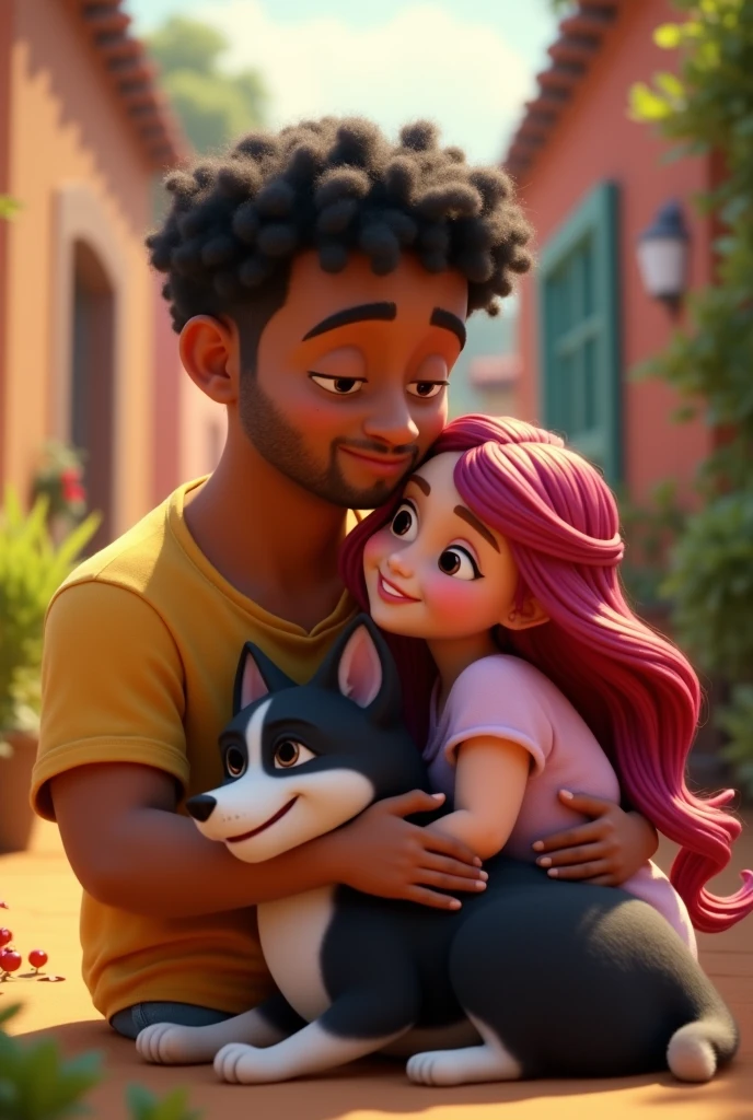 Disney Pixar-type animation of a young Colombian man with dark skin, cheek, a chubby one, Short curly black hair with a fade cut, thin nose, thin eyebrows and short beard. Hugging a chubby young woman with long violet red hair very lovingly, white skin and a border collie dog with all black hair