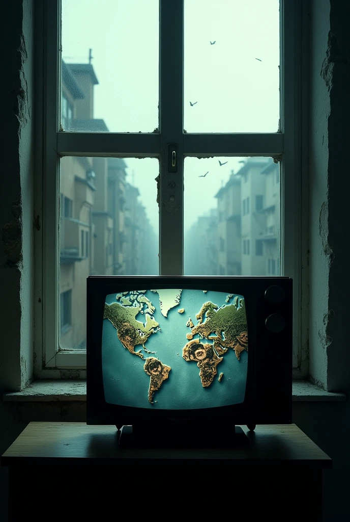 It shows a TV with a perfect society and through the window you see a not so perfect reality.
