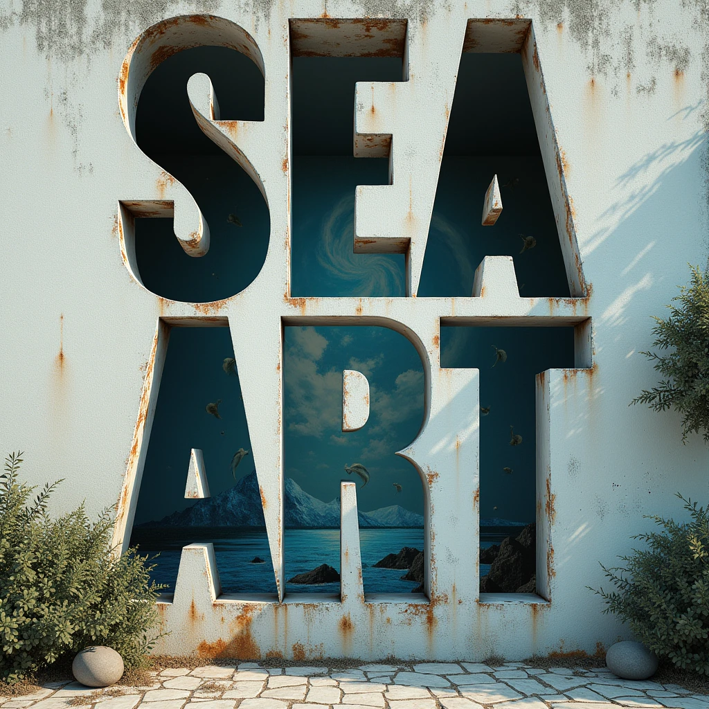 ((a poster)) on a deserted exterior wall, cut into the shape of letters, big bold text, ((“sea art”)),drawing inside the cutout, art that inspires creators to create images, aesthetic world that unfolds behind the characters, creating a sense of depth that draws you in, text at the bottom: break down the walls of creativity!, best quality,4k,8k,highres,masterpiece:1.2,ultra-detailed,realistic,photorealistic,photo-realistic:1.37,HDR,UHD,studio lighting,ultra-fine painting,sharp focus,physically-based rendering,extreme detail description,professional,vivid colors,bokeh
