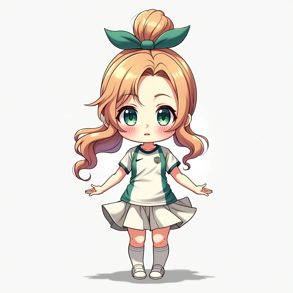 A Anime chibi girl, detailed hair, detailed facial features, large expressive eyes, delicate skin, wearing football jersey, serene expression, detailed background, natural lighting, vibrant colors, (best quality,4k,8k,highres,masterpiece:1.2),ultra-detailed,(realistic,photorealistic,photo-realistic:1.37),concept art