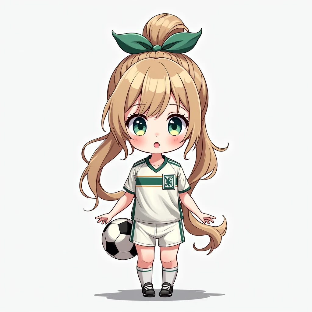 A Anime chibi girl, detailed hair, detailed facial features, large expressive eyes, delicate skin, wearing football jersey, serene expression, detailed background, natural lighting, vibrant colors, (best quality,4k,8k,highres,masterpiece:1.2),ultra-detailed,(realistic,photorealistic,photo-realistic:1.37),concept art
