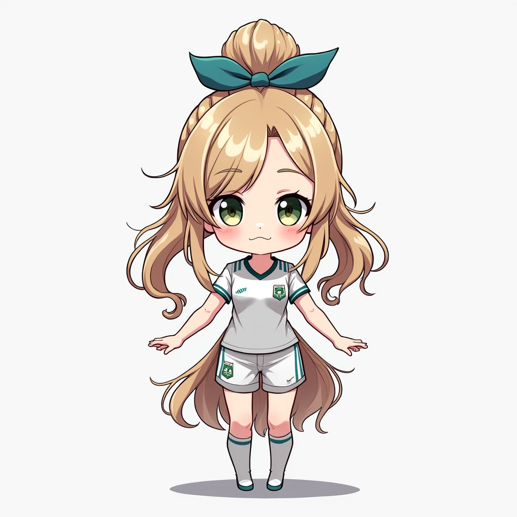 A Anime chibi girl, detailed hair, detailed facial features, large expressive eyes, delicate skin, wearing football jersey, serene expression, detailed background, natural lighting, vibrant colors, (best quality,4k,8k,highres,masterpiece:1.2),ultra-detailed,(realistic,photorealistic,photo-realistic:1.37),concept art