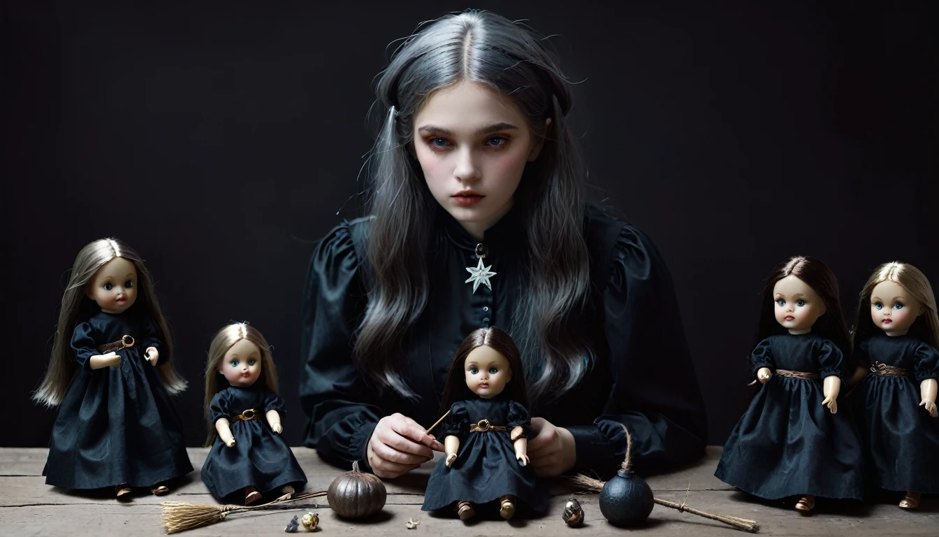 Old witch doing black magic with dolls, gloomy mood