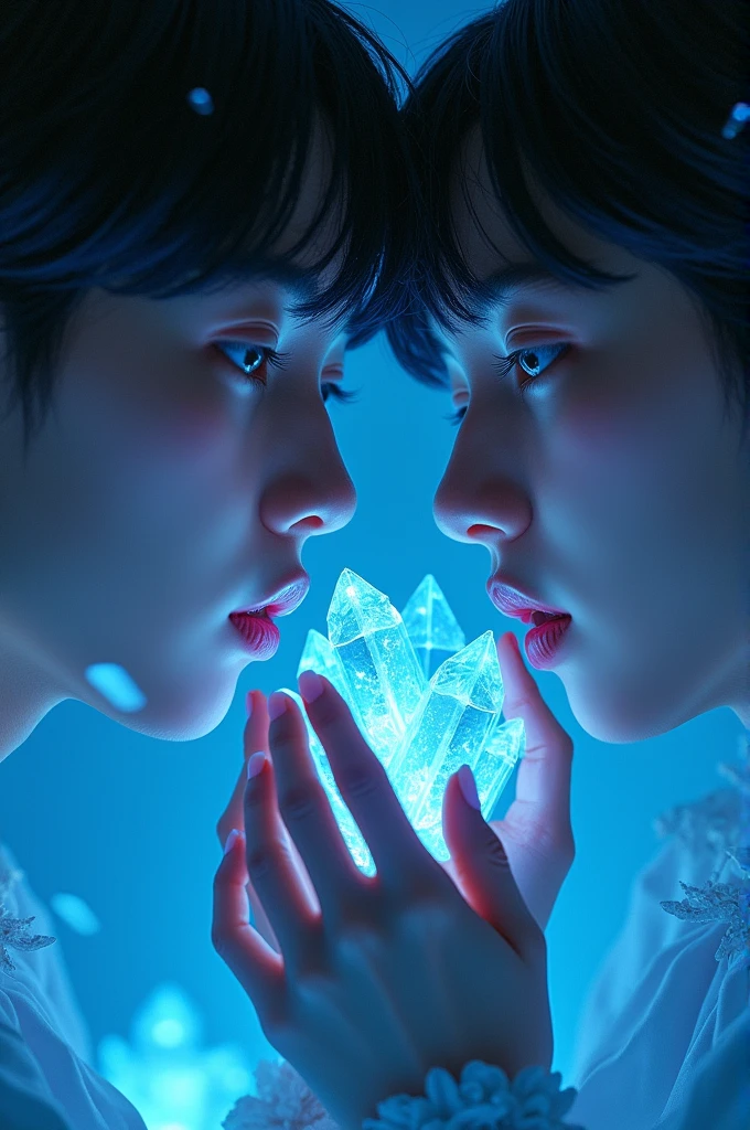 Jhope e yoongi From BTS both close with their faces with some blue crystals