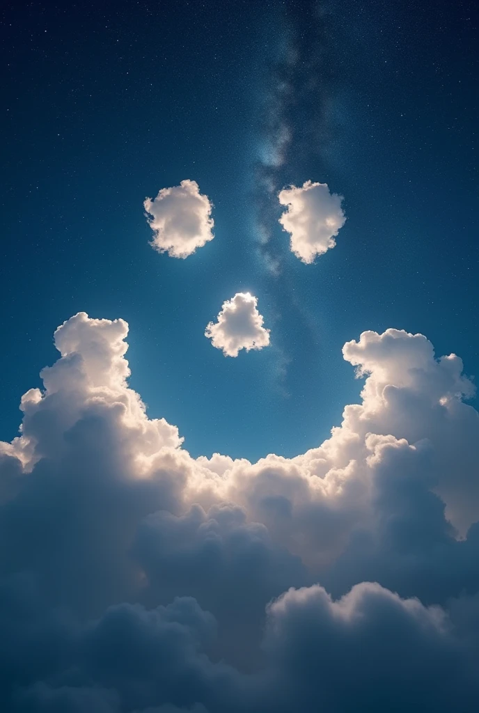 In the sky a smiling face made of clouds with the night behind it