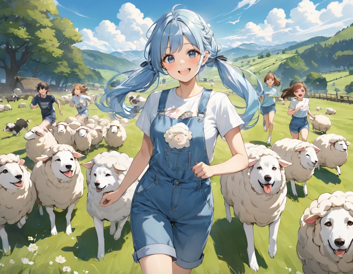 Light blue long hair、beautiful girl with twin tails、T-shirt and denim jumpsuit、A happy smile、Sheep pasture、Lots of sheep、Smiling girl holding a sheep、Running with the sheep、blue sky、Two dogs watching over sheep、Shepherd Dog