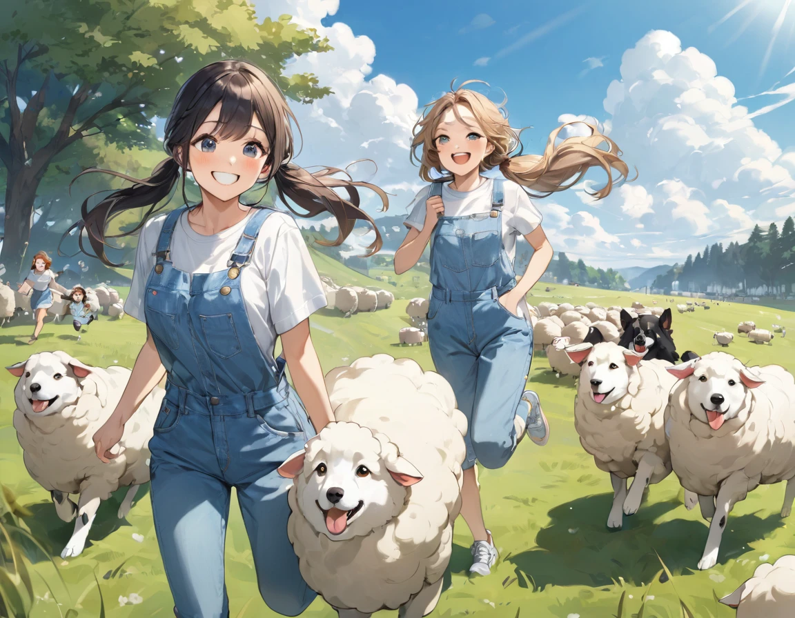 Light blue long hair、beautiful girl with twin tails、T-shirt and denim jumpsuit、A happy smile、Sheep pasture、Lots of sheep、Smiling girl holding a sheep、Running with the sheep、blue sky、Two dogs watching over sheep、Shepherd Dog