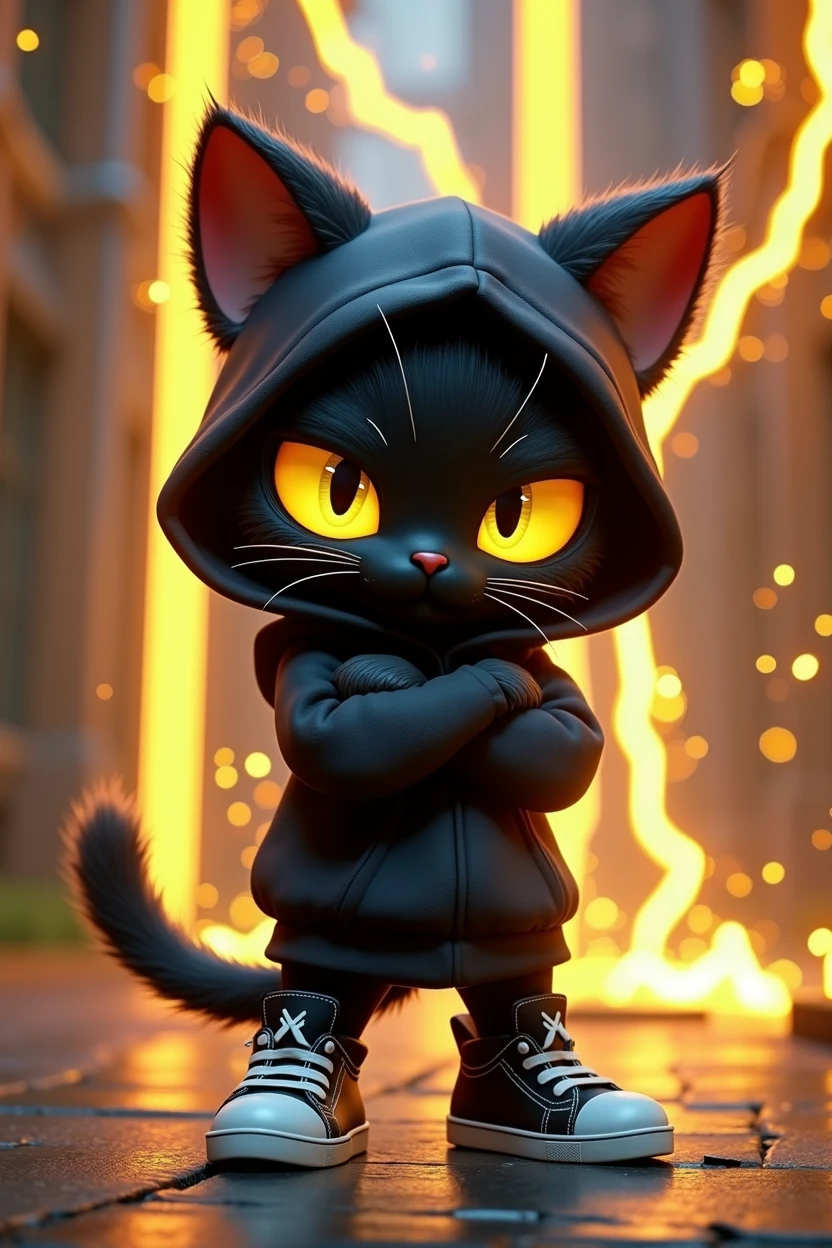 Create game character of (((Koro))) a cute chibi-style black cat with yellow eyes in a lightning element theme, rendered in a Disney Pixar 3D art style. The cat should be in a cool pose, frowning with arms crossed in front, wearing a black sweatshirt hoodie with matching black sneakers. The background should include a vibrant and dynamic scene with electric sparks, lightning bolts, and a neon black and yellow color scheme.