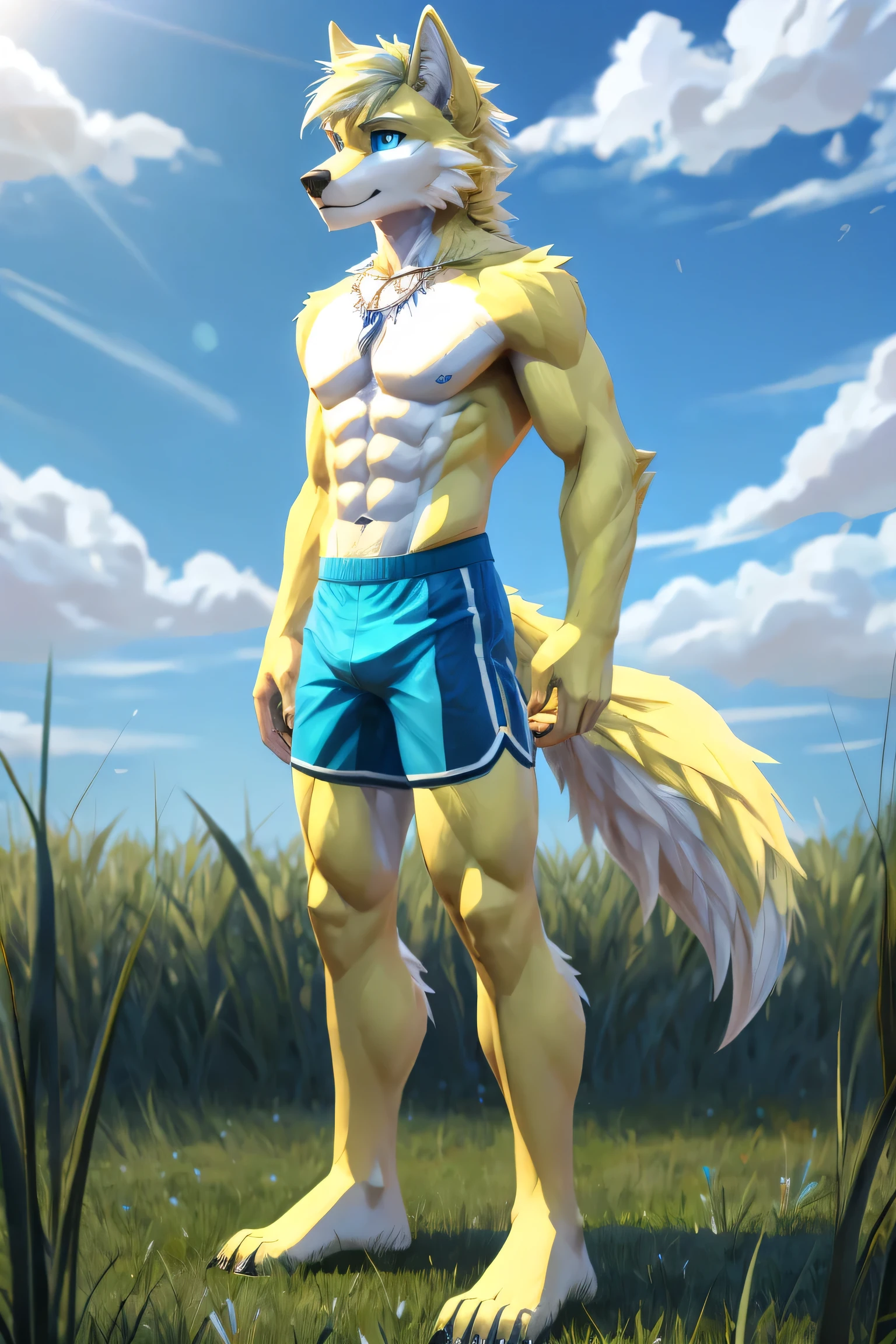 (4k , ultra detailed , flat colored) Furry werewolf , light yellow wolf , light yellow hair spike , shirtless , tight 6 pack , Light cyan shorts , wolf tail , 1tail , tail on waist , barefoot , light crystal blue eyes , silver eye whites , front side view , standing on a grassy field ,