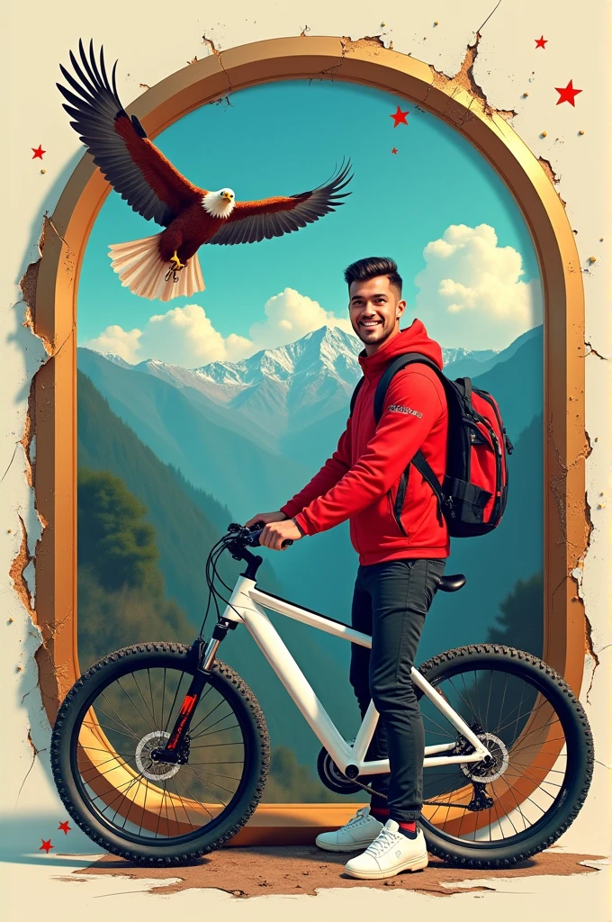 Gambar 4D abstrak seorang pria ganteng tersenyum memakai jaket red dan memanggul ransel,sebuah bendera red putih indonesia,standing with a white mountain bike next to him, hands on the handlebars,hat,flying eagle,tree mountain,contrast in a cracked frame of shining platinum metal,whole picture with color,,milk gold,blue,red,green,black,cream with a touch of neon on the side of the frame and a reflective shadow at the bottom of the frame,side fiew