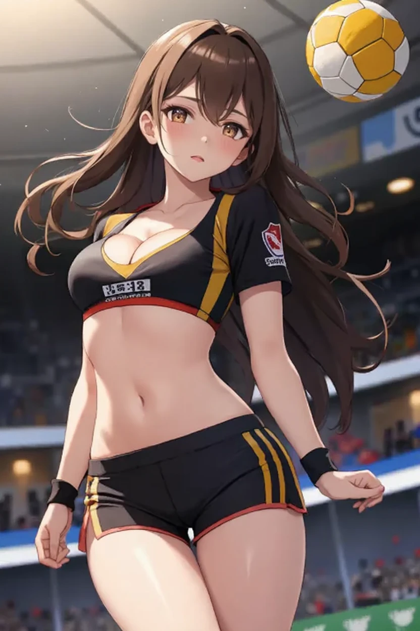1girl, brown eyes, brown hair, bangs, long hair, slim build, wearing an oversized white t-shirt
