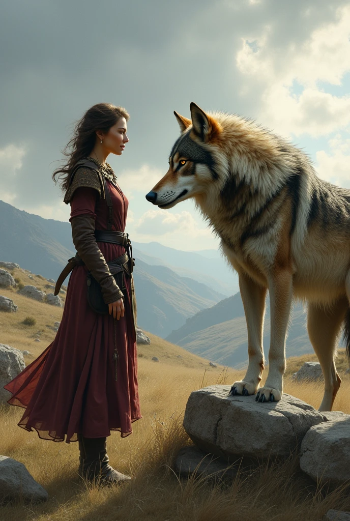 woman congratulating a wolf for killing a sheep