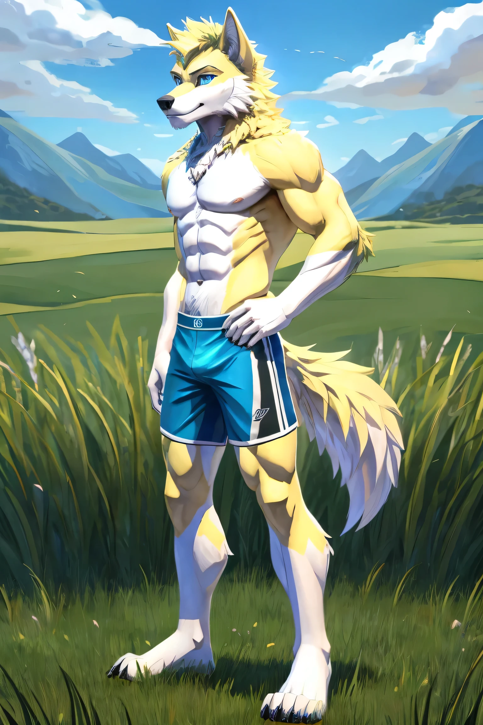 (4k , ultra detailed , flat colored) Furry werewolf , light yellow wolf , light yellow hair spike , shirtless , tight 6 pack , Light cyan shorts , wolf tail , 1tail , tail on waist , barefoot , light crystal blue eyes , silver eye whites , front side view , standing on a grassy field ,