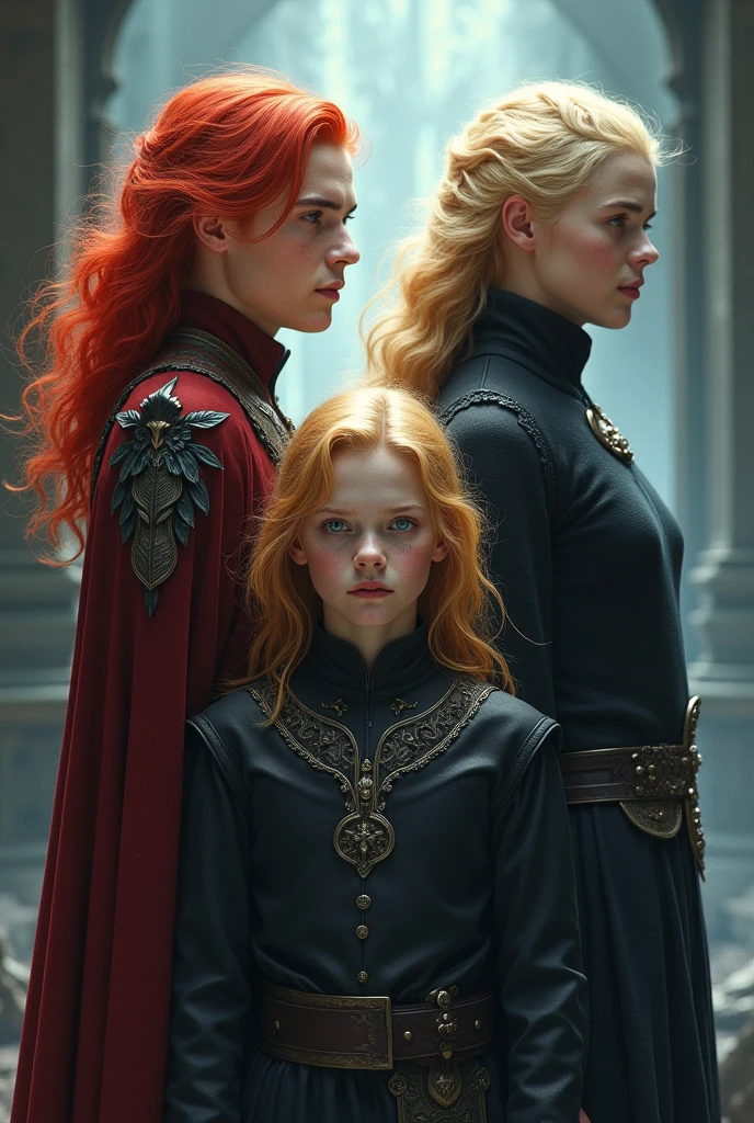 In adult form, Caim has red hair, in adolescent form, Abel has blond hair in adolescent form, and Set has black hair in adolescent form.