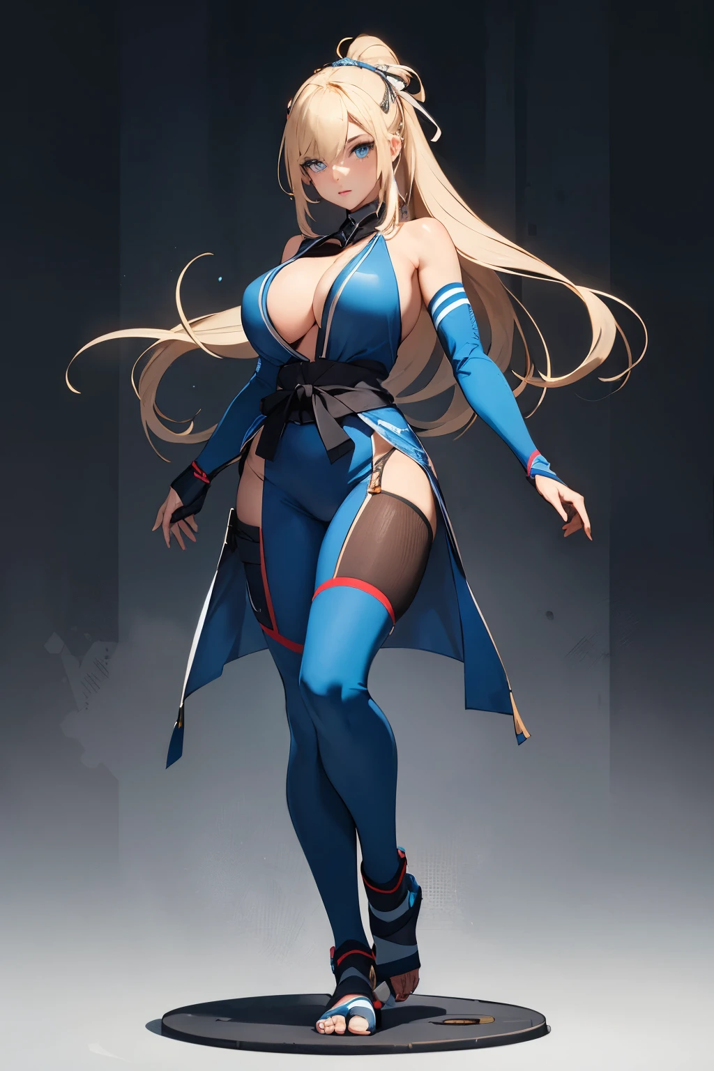 beautiful woman, long blonde hair tied up, blue eyes, blue ninja outfit, big bust, showing full body, high quality, in dojo
