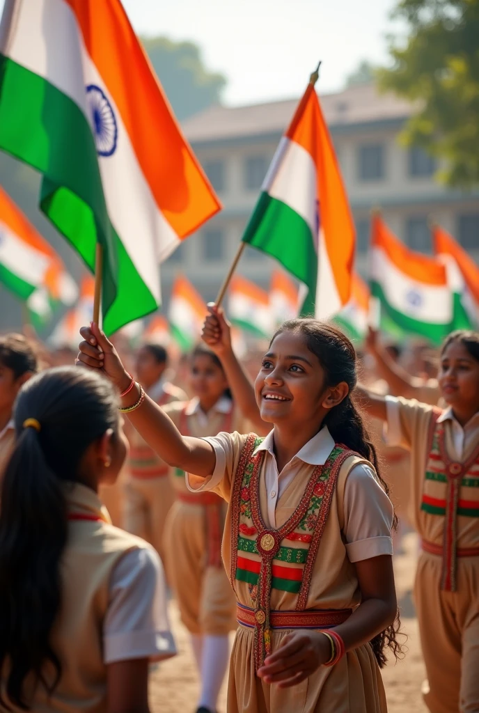 Generate indian celebration on15th August in school holing flags in there hands with same indian flags uniform